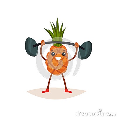 Cheerful pineapple holding barbell over his head. Active physical exercise. Funny humanized fruit. Flat vector icon Vector Illustration