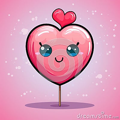 Cheerful Pink Heart Lollipop with Cute Smile on Light Pink Background Stock Photo