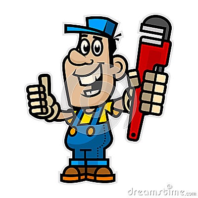 Cheerful plumber holding pipe wrench Vector Illustration