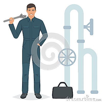 Cheerful plumber with a wrench repairing pipe. Vector illustration Vector Illustration