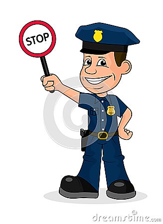 Cheerful policeman holding a sign stop. Vector Illustration