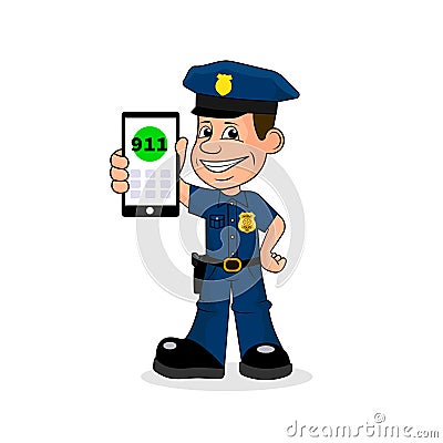 Cheerful policeman with phone in hand calling 911 vector illustration Vector Illustration