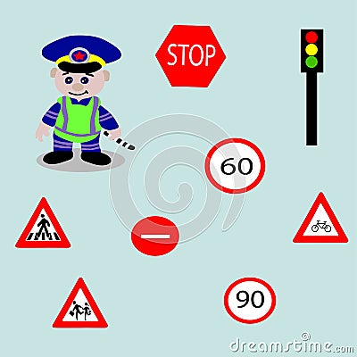 Cheerful policeman,road signs Cartoon Illustration