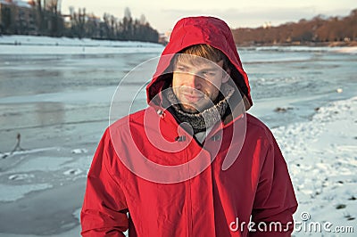 Cheerful and positive. warm clothes for frost. chill weather forecast. human and nature. man enjoy snowy landscape in Stock Photo