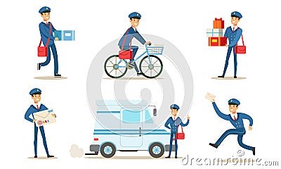Cheerful Postman or Mailman Delivering Mails and Packages Set Vector Illustration Vector Illustration