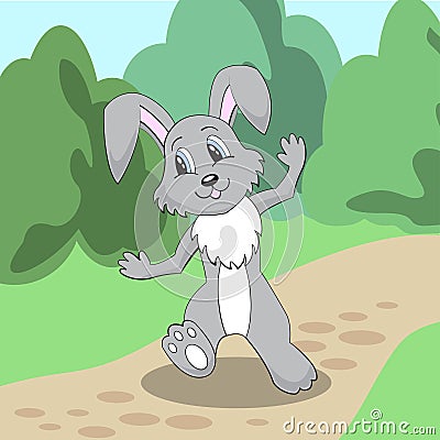 Cheerful rabbit walks on a path in the woods. Vector Vector Illustration