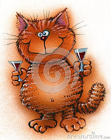 Cheerful red cat offers to drink alcohol Stock Photo