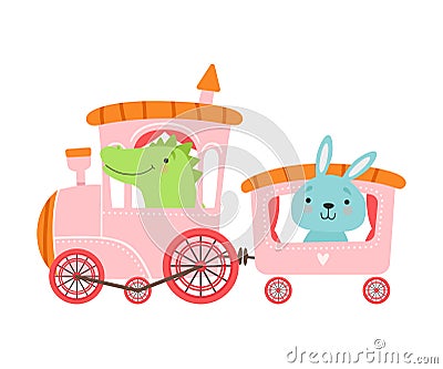 Cheerful Red Cheeked Crocodile and Hare Driving Toy Wheeled Train Vector Illustration Vector Illustration