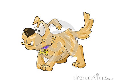 Cheerful red mongrel dog in lilac collar with bone on isolated white background Cartoon Illustration
