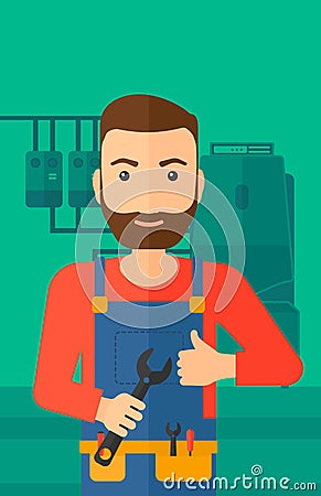 Cheerful repairer with spanner. Vector Illustration