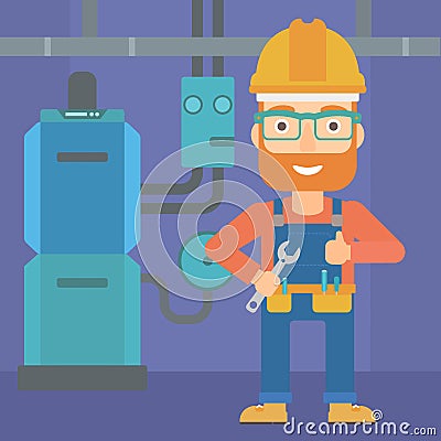 Cheerful repairer with spanner. Vector Illustration