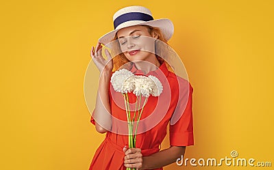 cheerful retro summer woman with flowers on yellow. retro summer woman Stock Photo