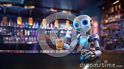 Cheerful robot bartender makes cocktails. Neon bar, futuristic bar. AI generated Stock Photo