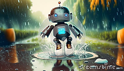 cheerful robot in yeast jumping in a puddle Cartoon Illustration