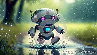 cheerful robot in yeast jumping in a puddle Cartoon Illustration