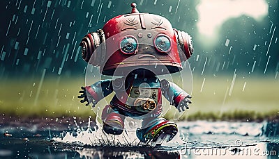 cheerful robot in yeast jumping in a puddle Cartoon Illustration