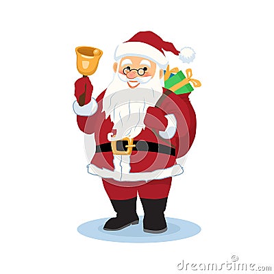 Cheerful Santa Claus with a bag of gifts behind him rings the bell. Vector Illustration