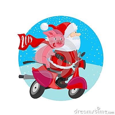Cheerful Santa Claus and pig on a red scooter Vector Illustration