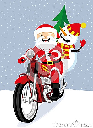 Cheerful Santa Claus and snowman. Vector Illustration