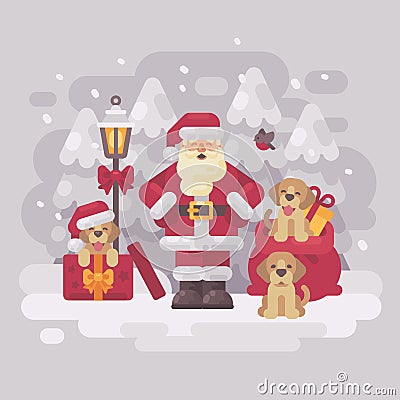 Cheerful Santa Claus with three puppies and a bag of presents standing in a white winter forest. Christmas greeting card Vector Illustration