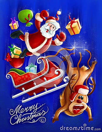 Cheerful scene Santa and Reindeer falling. Cartoon Illustration