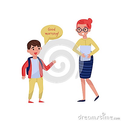 Cheerful school boy saying Good morning to his teacher. Good manners. Kid with backpack and woman with paper. Flat Vector Illustration