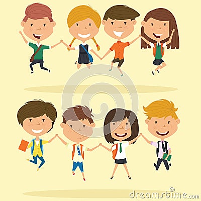 Cheerful school boys and girls make a jump. Vector Illustration