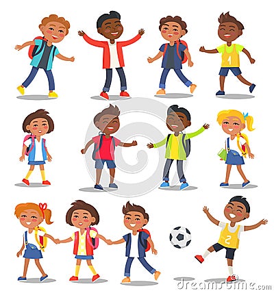 Cheerful School Children Isolated Illustrations Vector Illustration