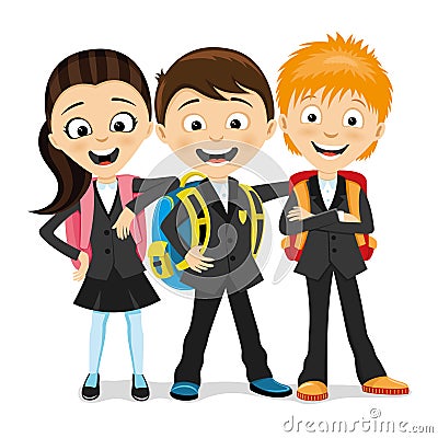 Cheerful school children with school backpacks. Vector Illustration