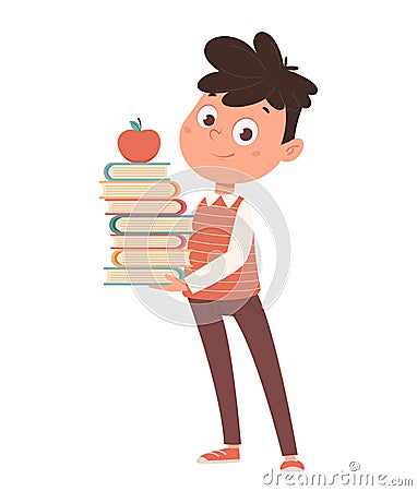 Back to school concept. Cheerful schoolboy holding books. Vector Illustration