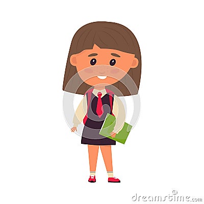 cheerful schoolgirl. student with backpack and notebook in her hands Vector Illustration