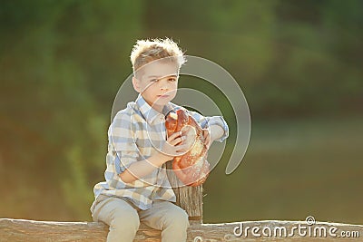 Cheerful Sitting Fence Smiling Camera Farm boy Stock Photo