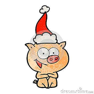 cheerful sitting pig textured cartoon of a wearing santa hat Vector Illustration