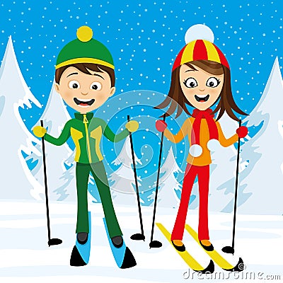 Cheerful skiers in the forest. Vector Illustration