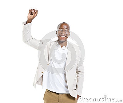 A Cheerful Smart Casual Man Celebrating Stock Photo