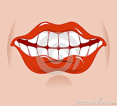 Cheerful smile. Red lips and white teeth. Open mouth on his face Vector Illustration