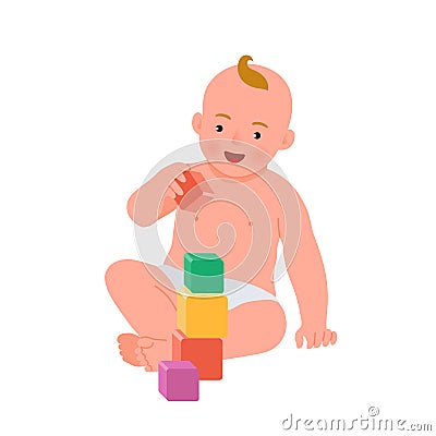 Cheerful smiling baby playing with colorful cubes vector flat illustration. Baby playing developing toy Cartoon Illustration