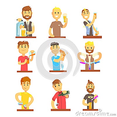 Cheerful smiling bartender serves at the bar set for label design. Colorful cartoon detailed vector Illustrations Vector Illustration