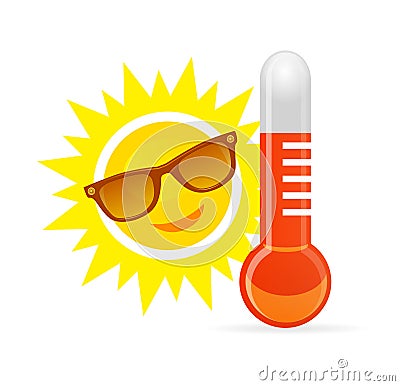 Cheerful, smiling cartoon sun in sunglasses next to the temperature thermometer Vector Illustration