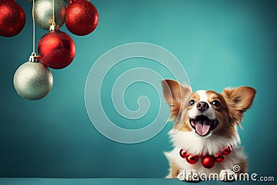 Cheerful smiling chihuahua dog sitting on table with Christmas ornaments decoration on light blue teal background Stock Photo