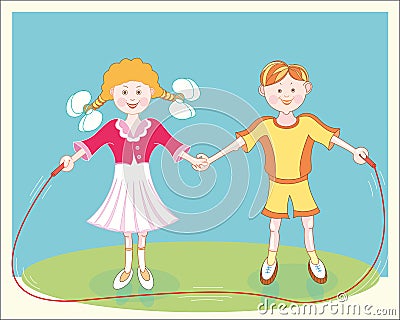 Cheerful smiling children jumping rope. Vector Illustration