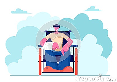 Cheerful Smiling Disabled Man with Broken Hand Sitting on Wheelchair Walking Outdoors, Motivation, Bodypositive. Invalid Vector Illustration