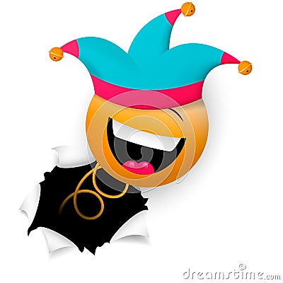 A cheerful smiling face, in a jester`s cap, suddenly breaks through the wall. Happy fools day. Cartoon Illustration