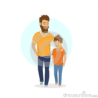 Cheerful smiling laughing father and son walking together, talking Vector Illustration