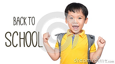 Cheerful smiling little boy with big backpack jumping and having fun against white wall. Looking at camera. School concept. Back t Stock Photo