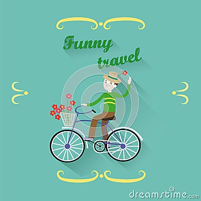 Cheerful smiling man in a hat riding a bicycle with a basket wit Vector Illustration