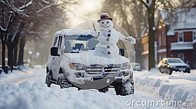 Cheerful smiling snowman on the hood of a car, in the city on a cold winter day. Car parked in the snowdrift. Generative AI Stock Photo