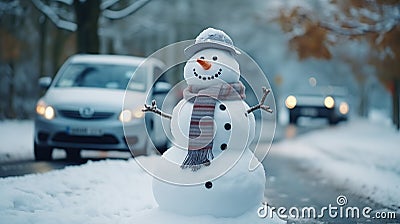 Cheerful smiling snowman wearing scarf and hat, at the sidewalk of a street in the city on a cold winter day. Generative AI Stock Photo