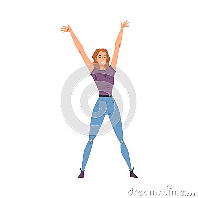 Cheerful Smiling Woman Standing with Raising Hands, Happy Person Character in Casual Clothes Cartoon Style Vector Vector Illustration