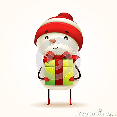 Cheerful snowman with gift present. Isolated Vector Illustration